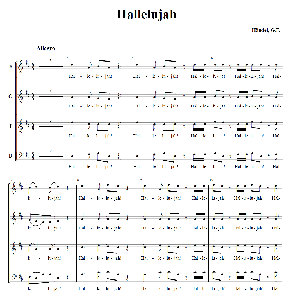 parte de um arranjo para canto coral da obra “Hallelujah”, de Händel